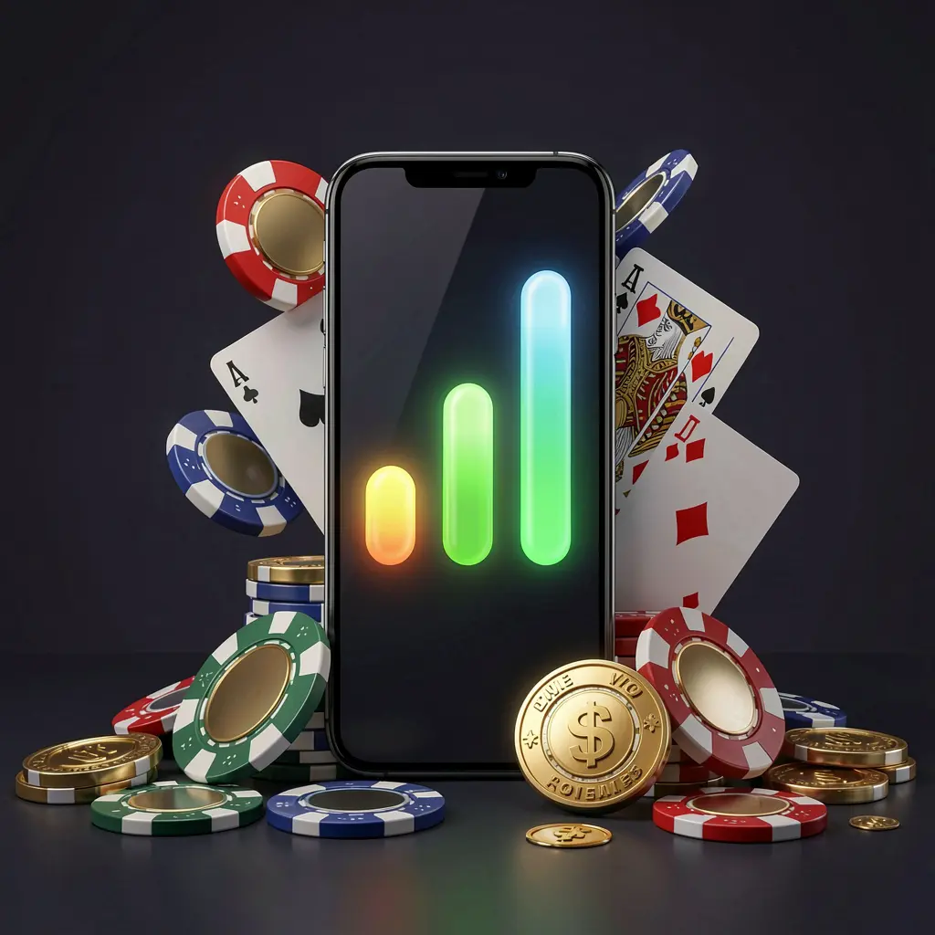 Smartphone displaying 77SANA casino app installation with glowing progress bar, surrounded by coins, chips, and cards on a dark background for premium mobile gaming