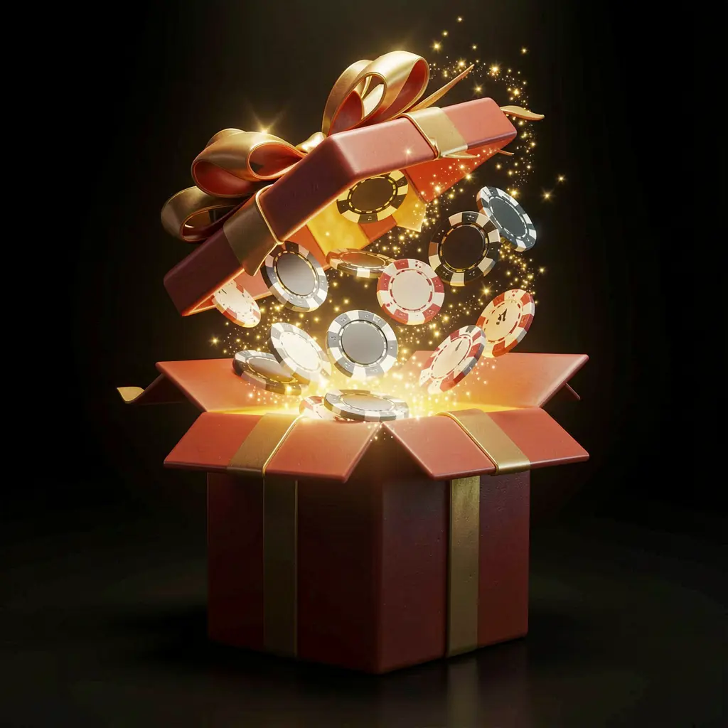 77SANA no deposit bonus visual featuring free casino chips emerging from a glowing gift box with magical sparkles against a dark premium background in a realistic 3D render