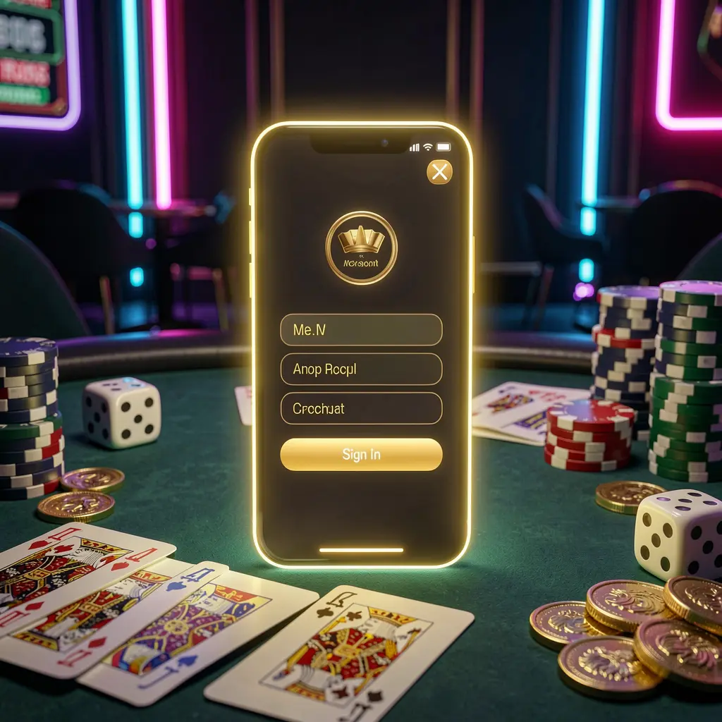 77SANA casino account sign in scene with a glowing smartphone on a casino table surrounded by cards, chips, dice, and gold coins against an elegant dark background with neon highlights