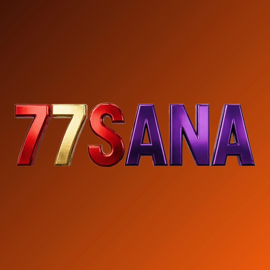 Bright premium 77SANA logo with thick uppercase typography in vivid gold, red, and purple colors, featuring a polished metallic finish and strong visual impact on a transparent background, designed as a wide horizontal rectangular wordmark for a website header