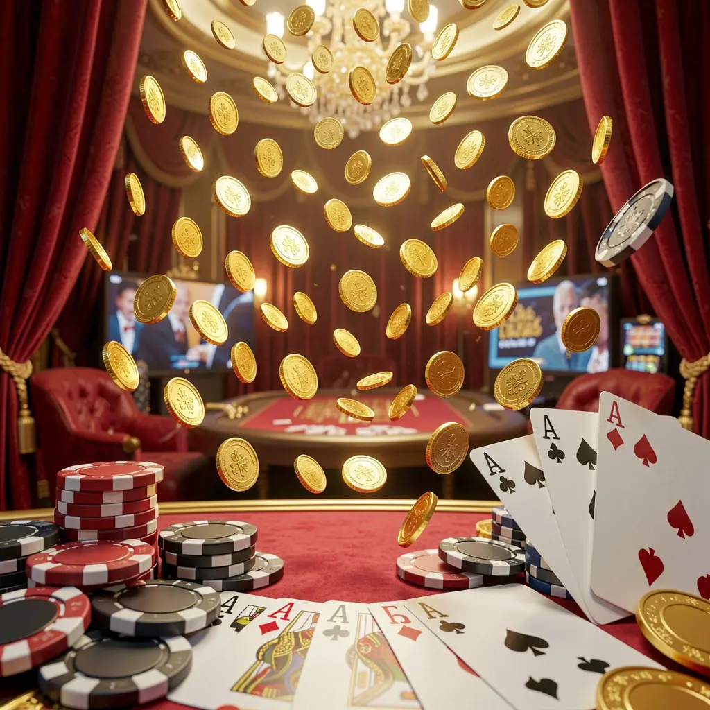 77SANA online gaming platform homepage banner featuring bright casino lights, golden coins raining, poker chips and playing cards in the foreground with a luxury red and gold atmosphere in a high detail 3D render